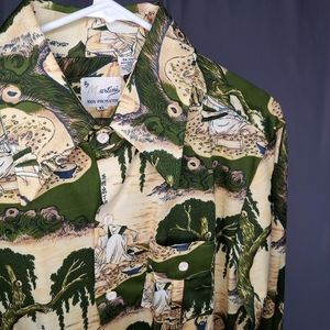 Martini 70's Point Collar Asian Art Print Button Long Sleeve Shirt Vintage XL